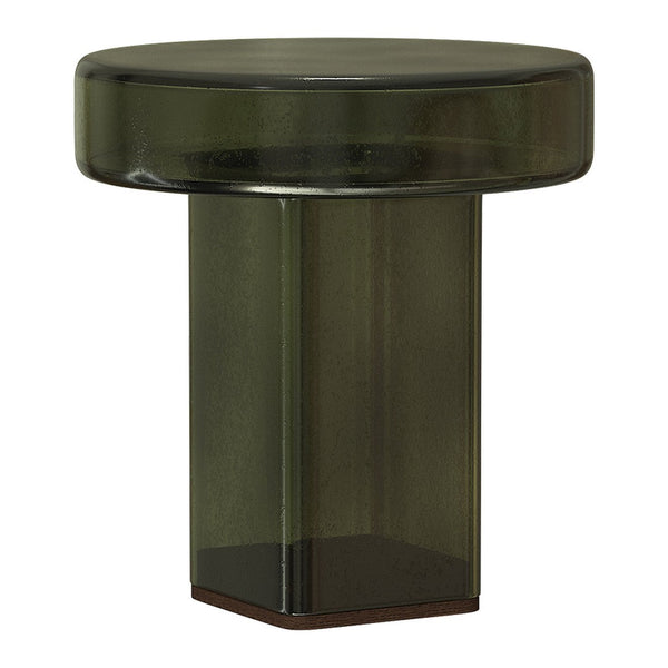 Stylish green glass side table with a smooth finish and modern geometric shape. Perfect for contemporary decor.