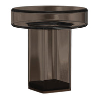 Stylish smoky gray glass side table with a sleek black base, featuring smooth, modern lines.