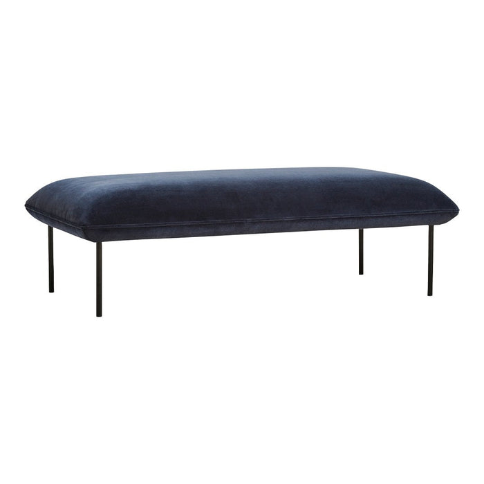 Navy blue velvet bench with a sleek design and minimalist black metal legs, perfect for modern decor.
