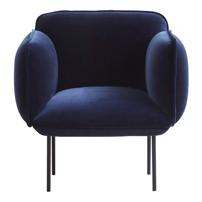 Navy blue velvet chair with rounded arms and sleek black metal legs, offering a modern, plush design.
