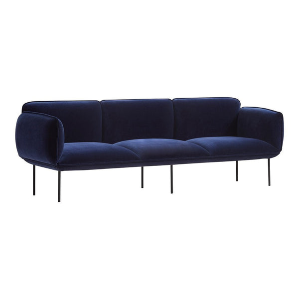 Navy blue velvet sofa with a smooth, solid pattern and modern black metal legs. Perfect for contemporary decor.