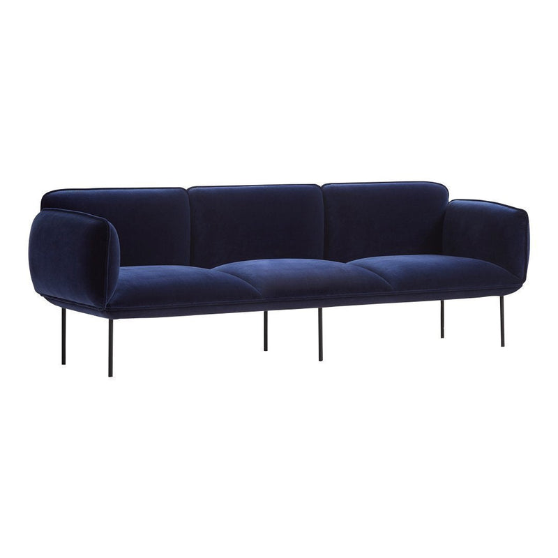 Navy blue velvet sofa with a smooth, solid pattern and modern black metal legs. Perfect for contemporary decor.
