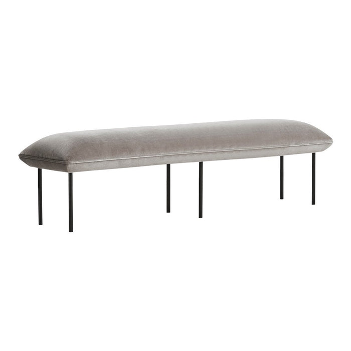 Gray velvet bench with a smooth texture, complemented by sleek black metal legs for a modern touch.