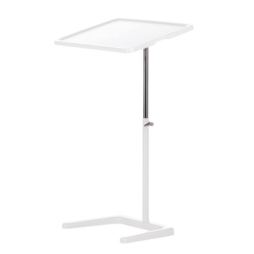 Adjustable white side table with a sleek, minimalist design and a smooth, rectangular top.