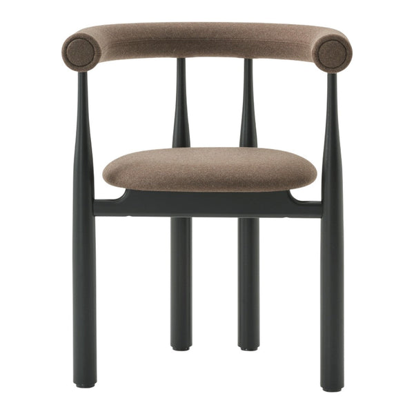 Chair with brown cushioned seat and backrest on a white background