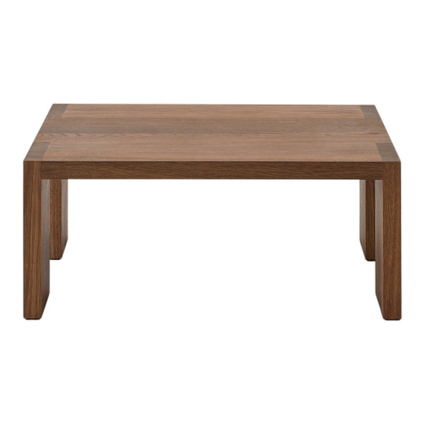 Wooden coffee table in rich walnut finish with a smooth, minimalist design. Perfect for modern decor.