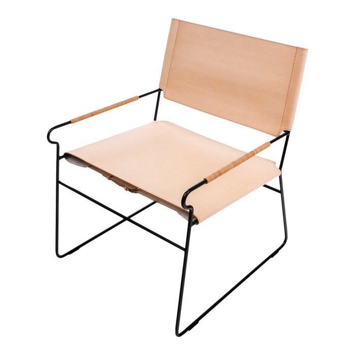 Light beige chair with minimalist design, featuring a smooth wooden seat and backrest supported by a black metal frame.