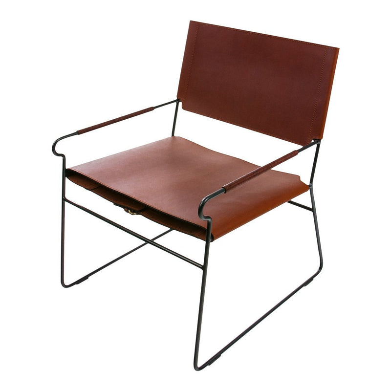 Rustic brown leather chair with sleek black metal frame, showcasing a minimalist design and contemporary style.