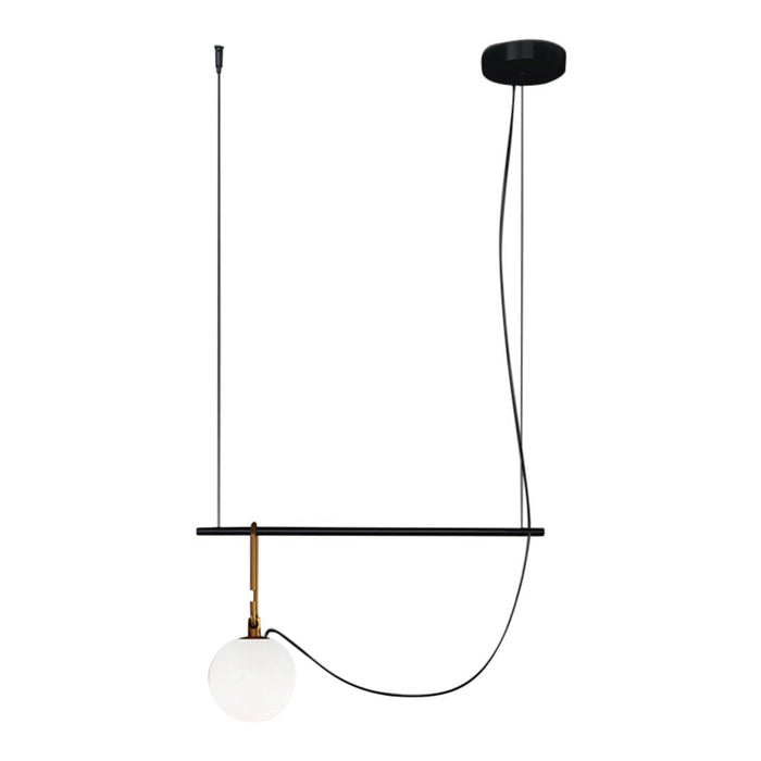 Sleek black pendant light with a minimalist design, featuring a gold accent and a round white glass bulb.