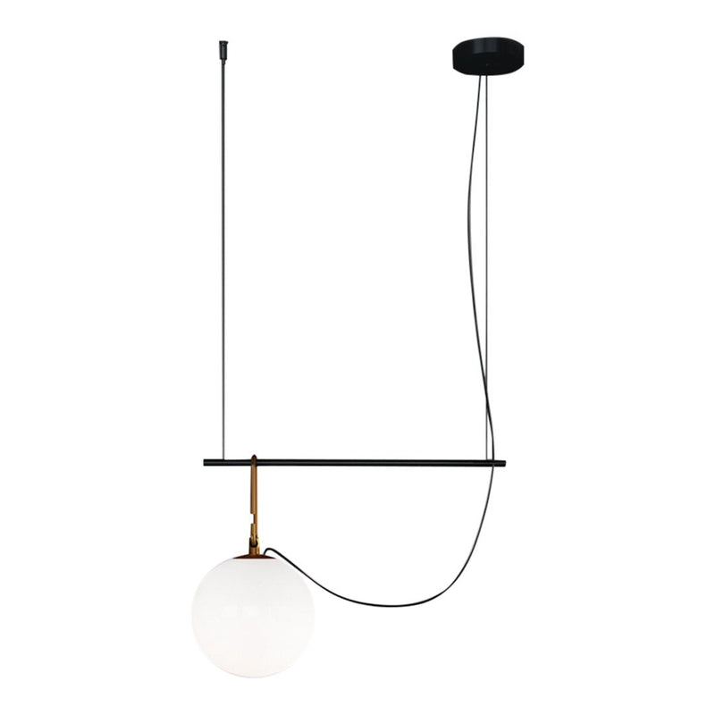 Modern pendant light featuring a sleek black finish, warm gold accents, and a white glass globe.