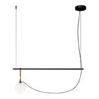 Modern pendant light featuring a black bar, gold accents, and a white spherical shade, perfect for stylish interiors.
