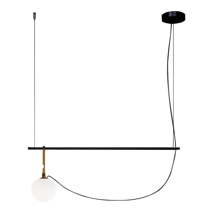 Modern pendant light featuring a black bar, gold accents, and a white spherical shade, perfect for stylish interiors.