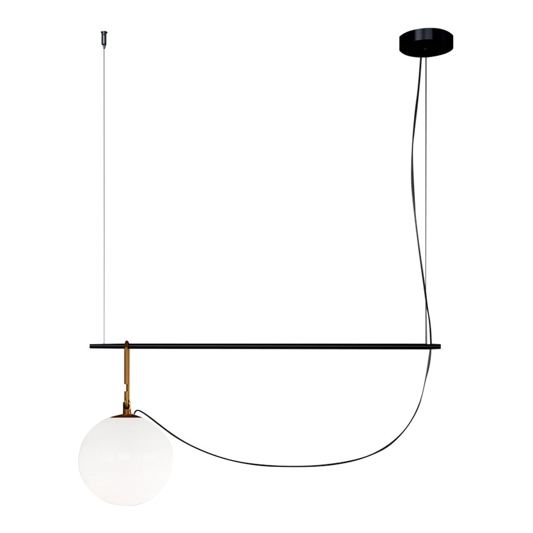Modern pendant light featuring a sleek black finish with a gold accent and a white globe shade. Perfect for contemporary decor.