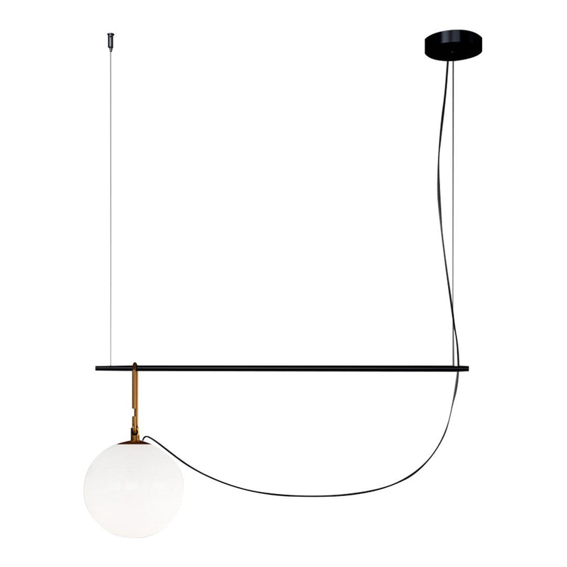 Modern pendant light featuring a sleek black finish with a gold accent and a white globe shade. Perfect for contemporary decor.