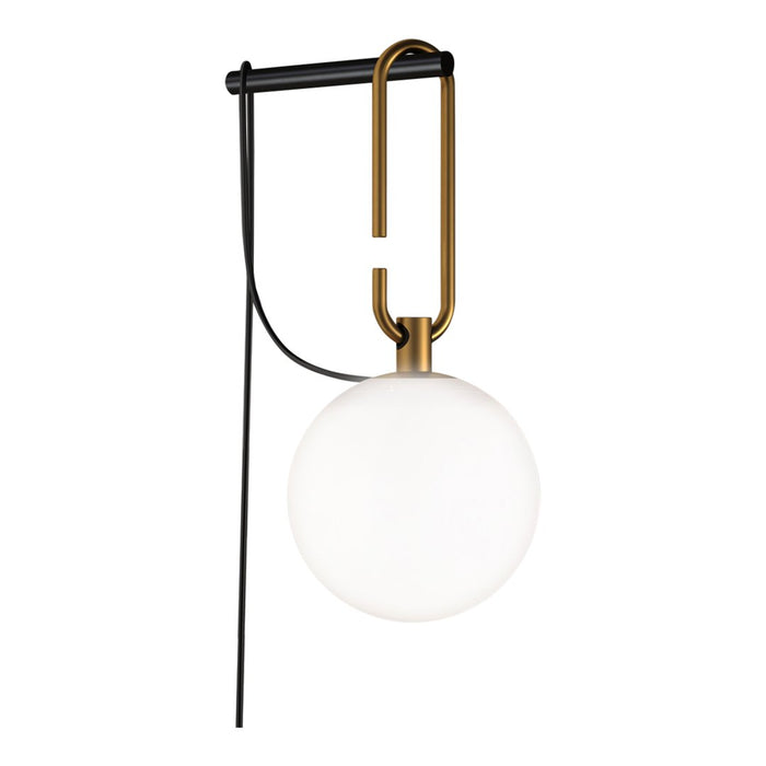 Modern wall lamp featuring a white globe, sleek black metal frame, and gold accent, creating a stylish contrast.