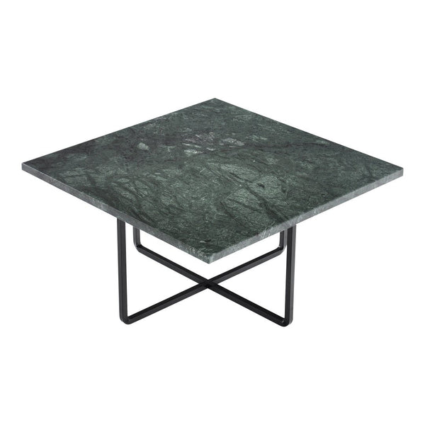 Square green marble top table with subtle veining, supported by a sleek black metal base.