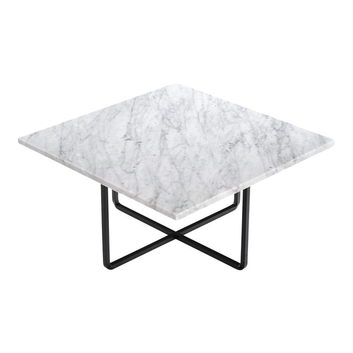White marble square tabletop with subtle gray veins, paired with a minimalist black metal base.