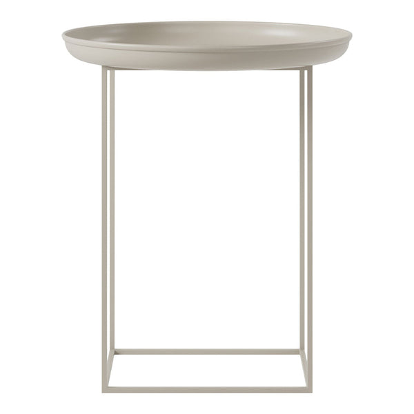 Round beige tray top with a sleek white metal frame; minimalist design ideal for modern decor.