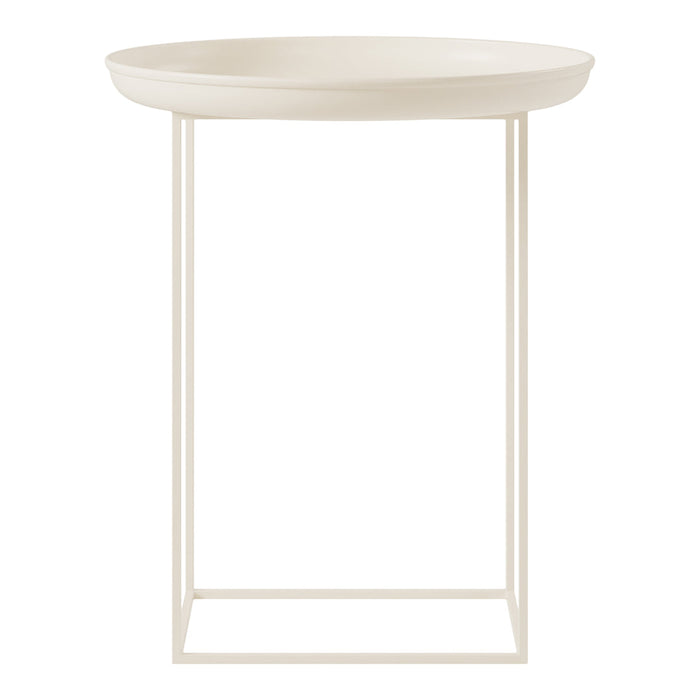 Beige round top with smooth finish and white metal frame. Minimalist design for modern decor.