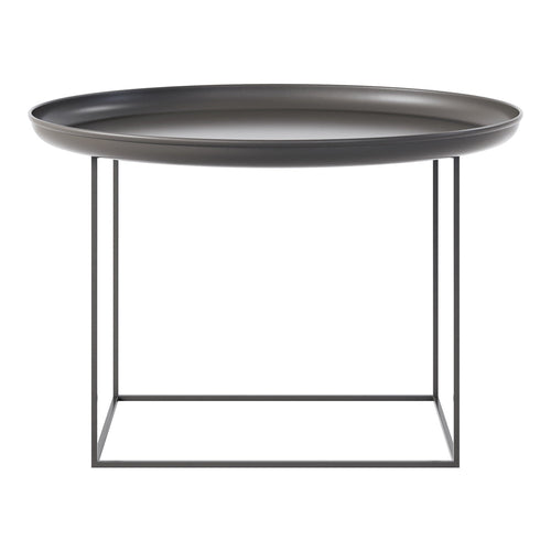 Round black tray table with a minimalist geometric metal frame, sleek and modern design. Perfect for any decor.