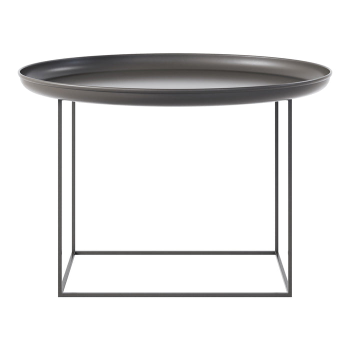 Round black tray table with a minimalist geometric metal frame, sleek and modern design. Perfect for any decor.