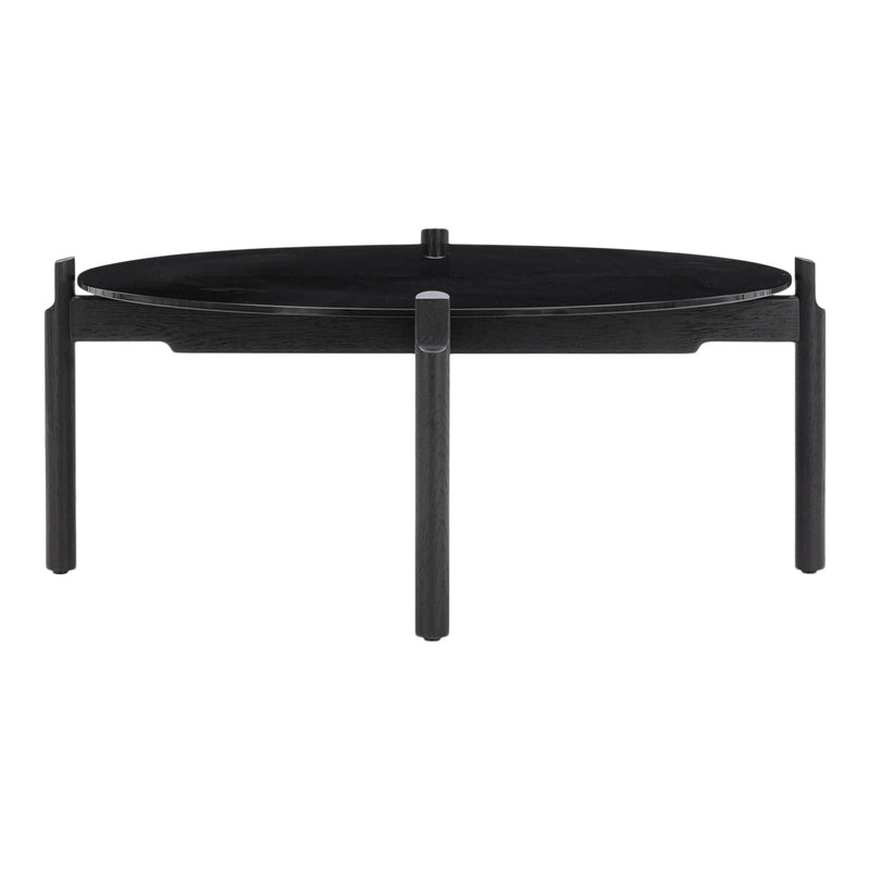 Sleek black oval coffee table with minimalistic design and sturdy legs, perfect for modern interiors.