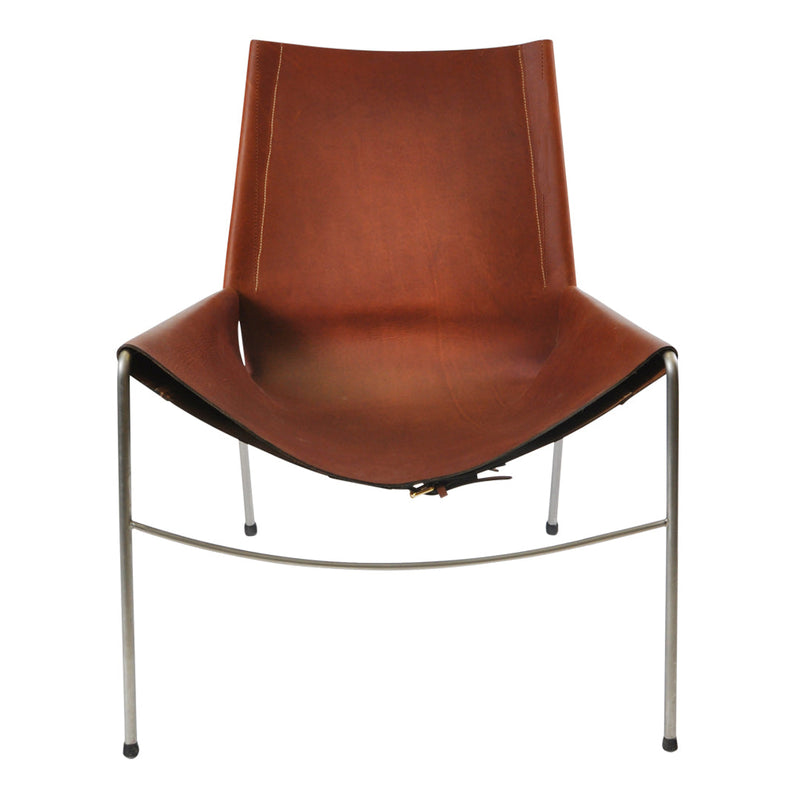 Brown leather chair with a sleek design, featuring a minimalist black stainless steel frame.