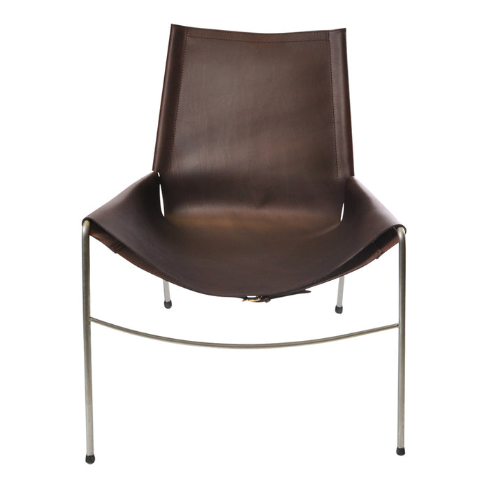 Brown leather chair with a sleek, curved design and chrome legs, showcasing a minimalist style and modern aesthetic.