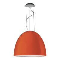 Bright orange pendant lamp with a smooth, rounded shape and sleek silver hanging wire. Perfect for modern decor.