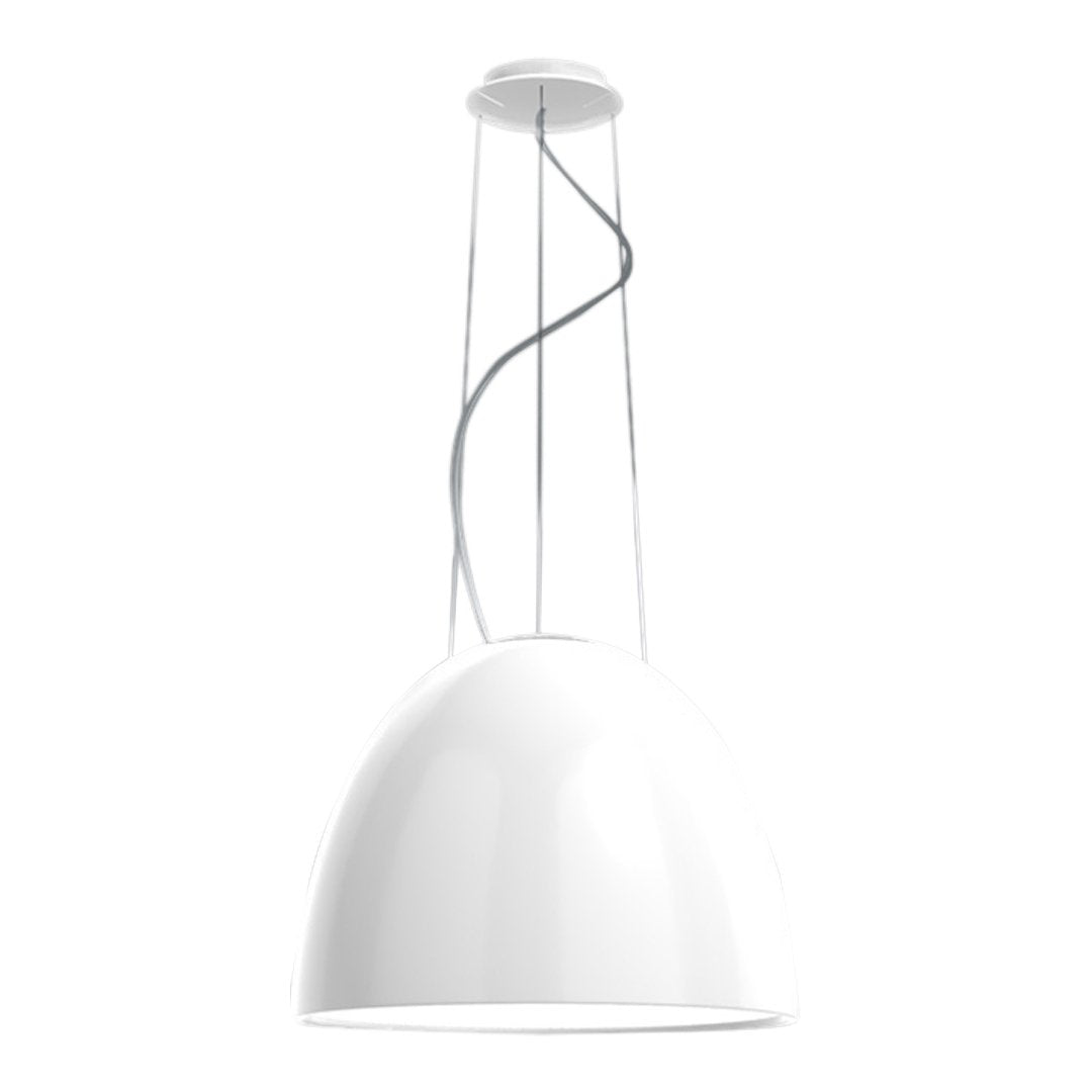 Modern white pendant lamp with a smooth, glossy finish and sleek silver wire design. Perfect for contemporary decor.