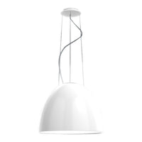 Modern white pendant lamp with a smooth, glossy finish and sleek silver wire design. Perfect for contemporary decor.