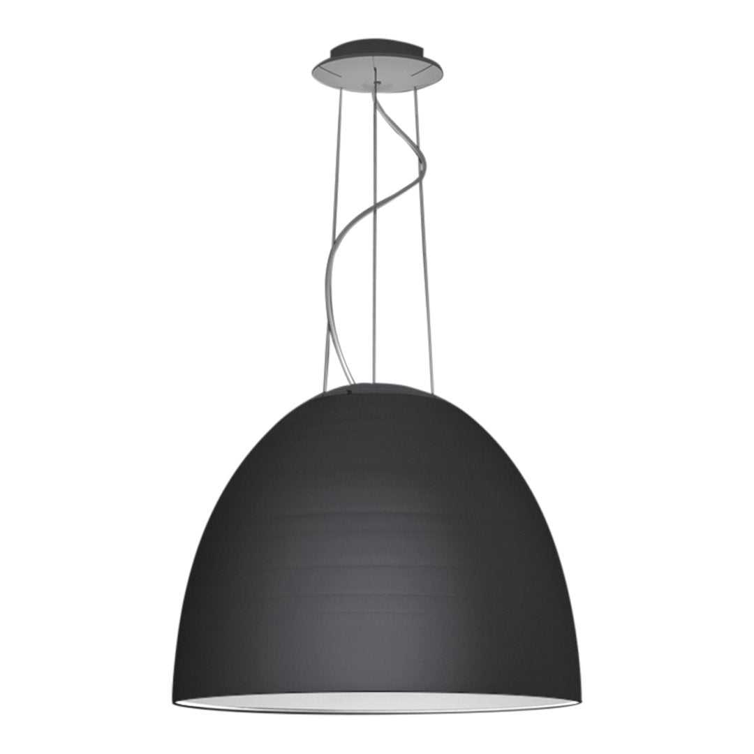 Sleek black pendant lamp with a smooth, curved design and metallic accents, perfect for modern interiors.
