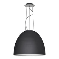 Sleek black pendant lamp with a smooth, curved design and metallic accents, perfect for modern interiors.