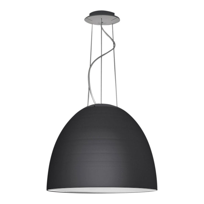 Sleek black pendant lamp with a smooth, curved design and metallic accents, perfect for modern interiors.