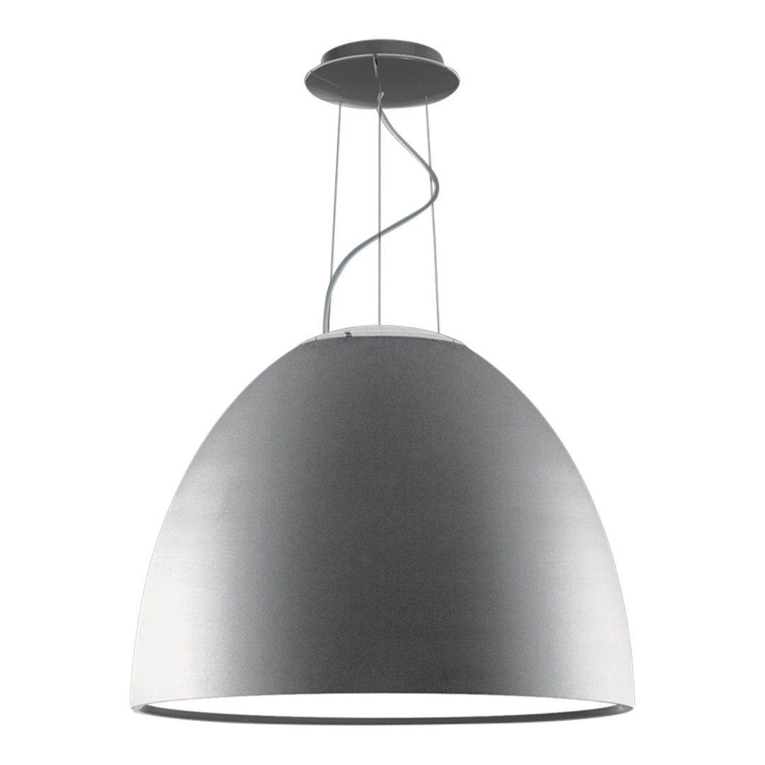 Sleek silver pendant lamp with smooth metallic finish and a minimalist design. Perfect for modern decor.