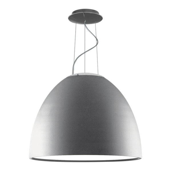 Sleek silver pendant lamp with smooth metallic finish and a minimalist design. Perfect for modern decor.