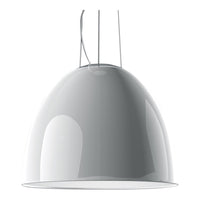 Modern grey pendant lamp with a sleek, glossy dome shape and subtle reflective surface. Perfect for contemporary spaces.