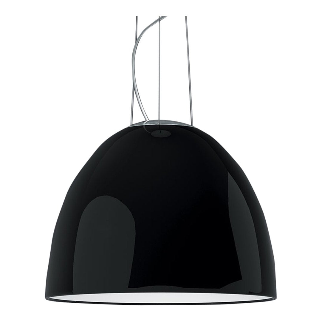 Glossy black pendant lamp with a sleek dome shape and chrome accents. Modern design ideal for stylish interiors.