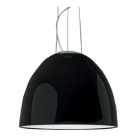 Glossy black pendant lamp with a sleek dome shape and chrome accents. Modern design ideal for stylish interiors.