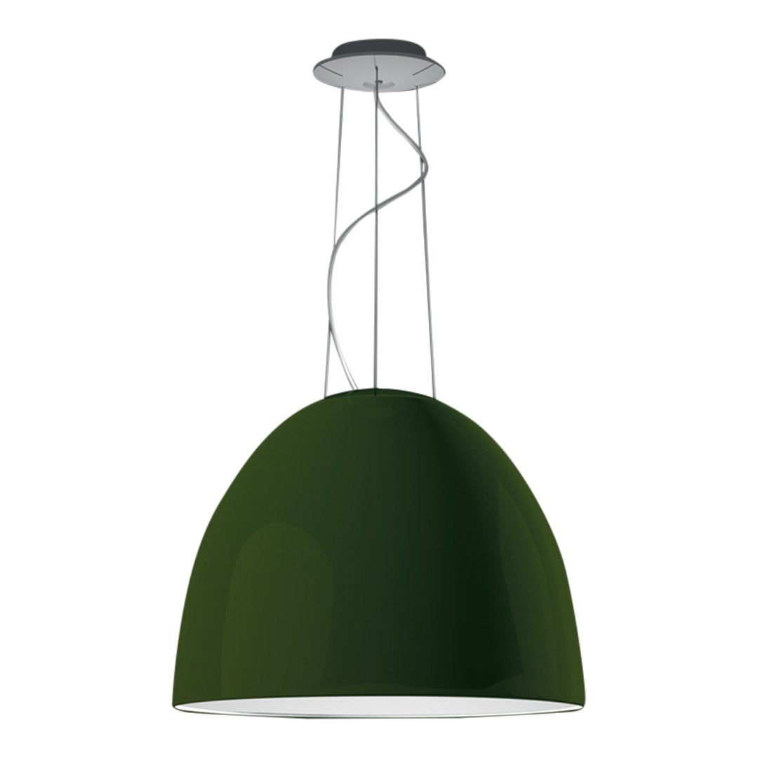 Green dome pendant light with a sleek metal accent and minimalist design, perfect for modern decor.