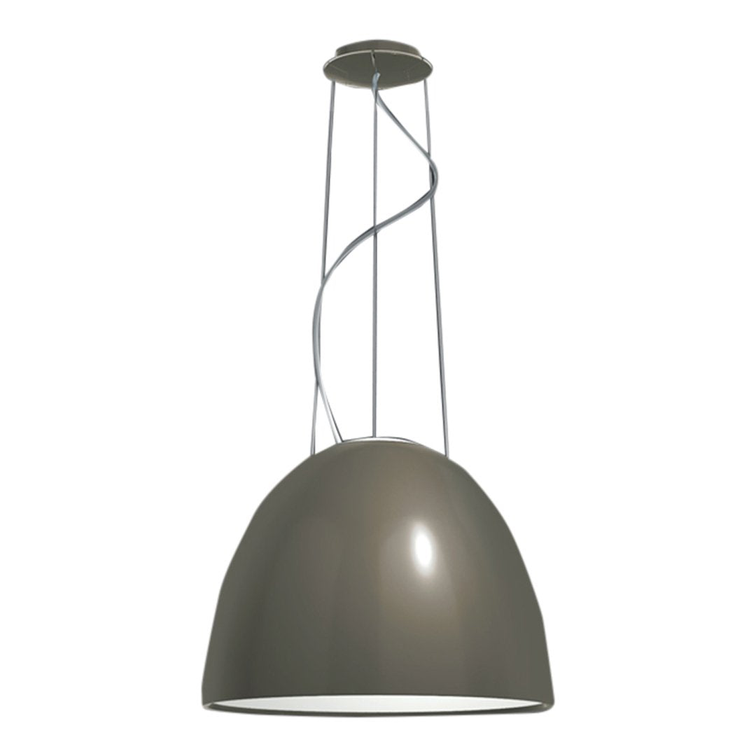 Matte gray pendant light with a sleek, modern design and minimalist wire suspension.