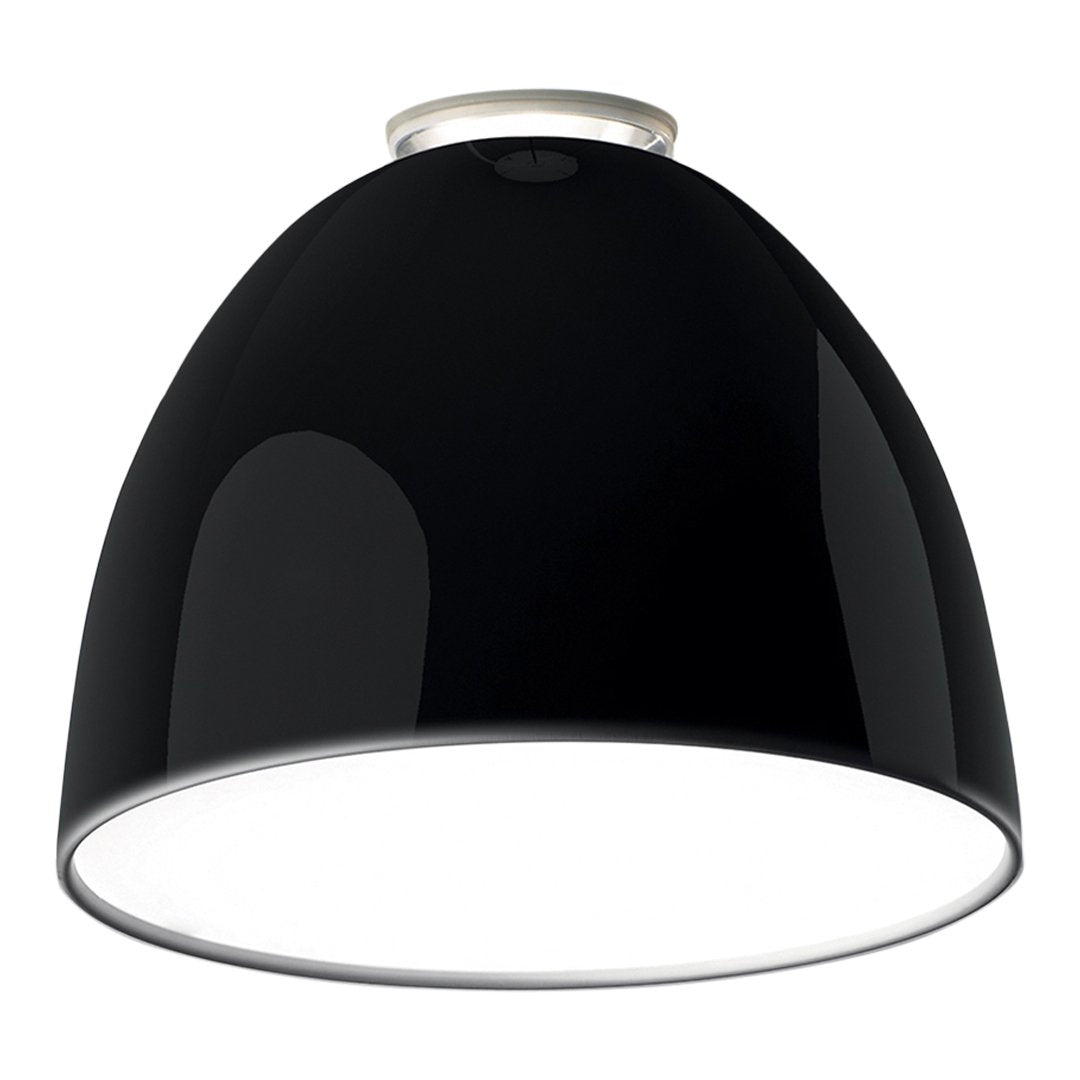 Sleek black dome pendant light with a glossy finish and white interior for a modern touch.