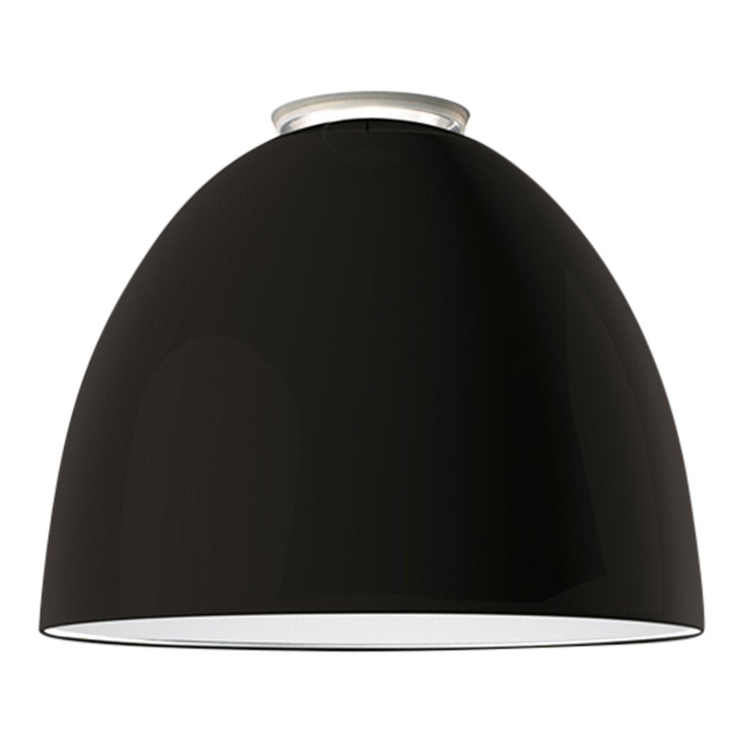 Black dome-shaped pendant lamp with a glossy finish and a contrasting white interior. Sleek and modern design.