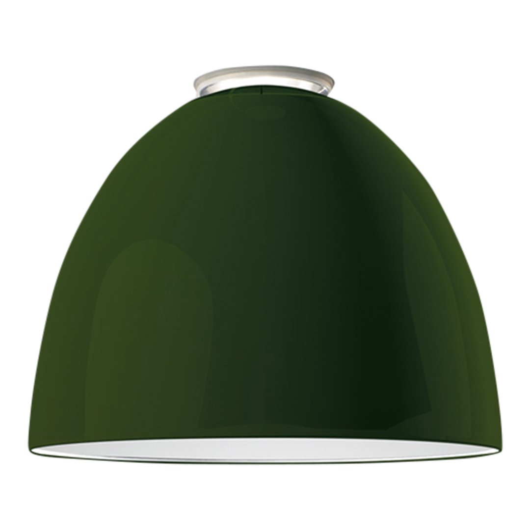 Green dome-shaped pendant lamp with a glossy finish and white interior. Ideal for modern decor.