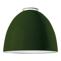 Green dome-shaped pendant lamp with a glossy finish and white interior. Ideal for modern decor.