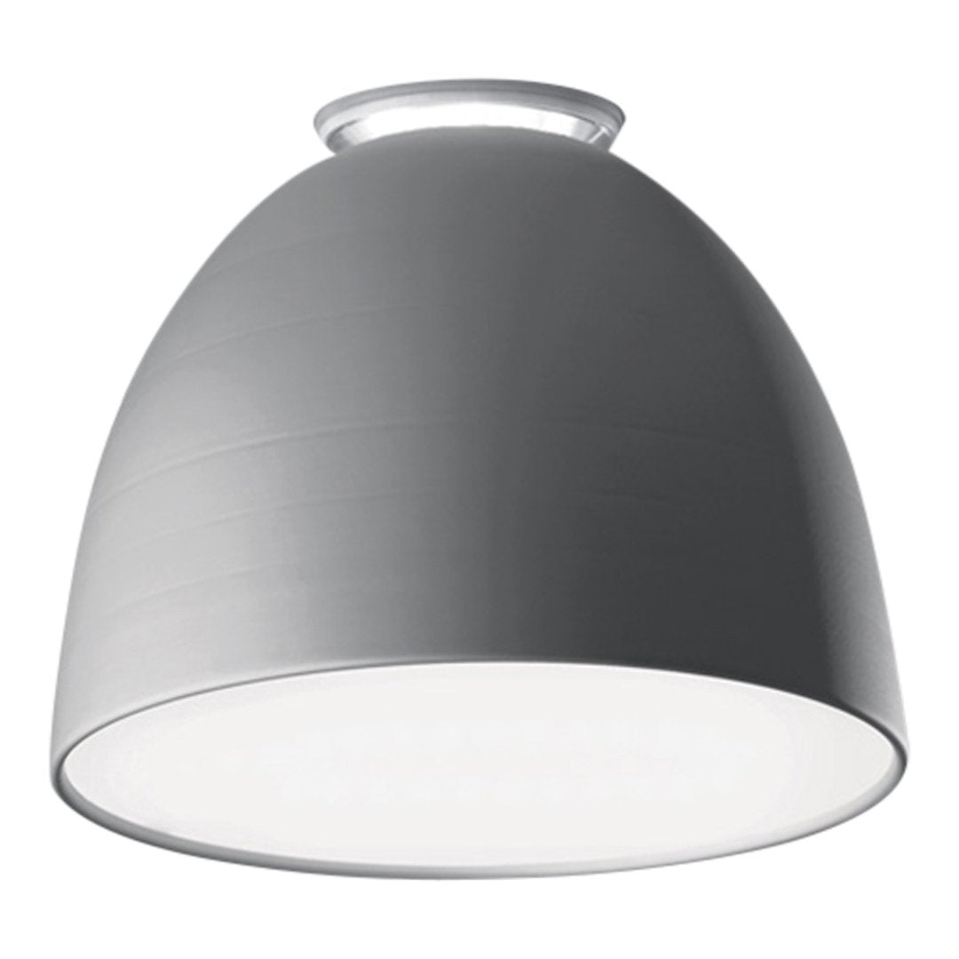 Gray metal pendant light with a sleek, smooth finish and white inner shade for modern decor.