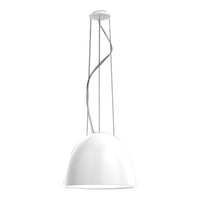 White pendant lamp with sleek, curved design and modern twisted cable accents. Perfect for contemporary decor.