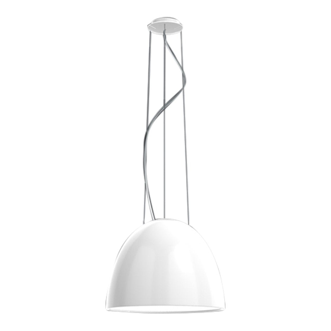 White dome pendant light with sleek silver wiring, perfect for modern decor.
