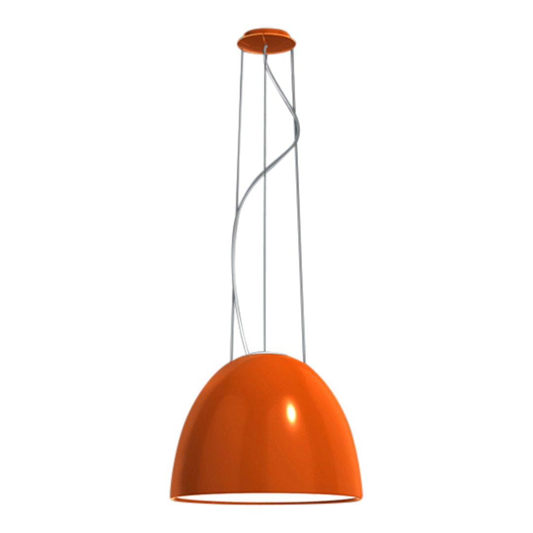 Sleek orange pendant lamp with a glossy finish, suspended by silver wires, ideal for modern decor.