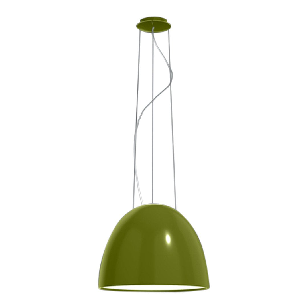 Green modern pendant lamp with a sleek dome shape and minimalist cable design. Ideal for contemporary decor.